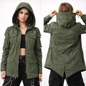 BOUNDLESS NORTH Distressed Utility Jacket w/ Removable Hood Olive Army Green S